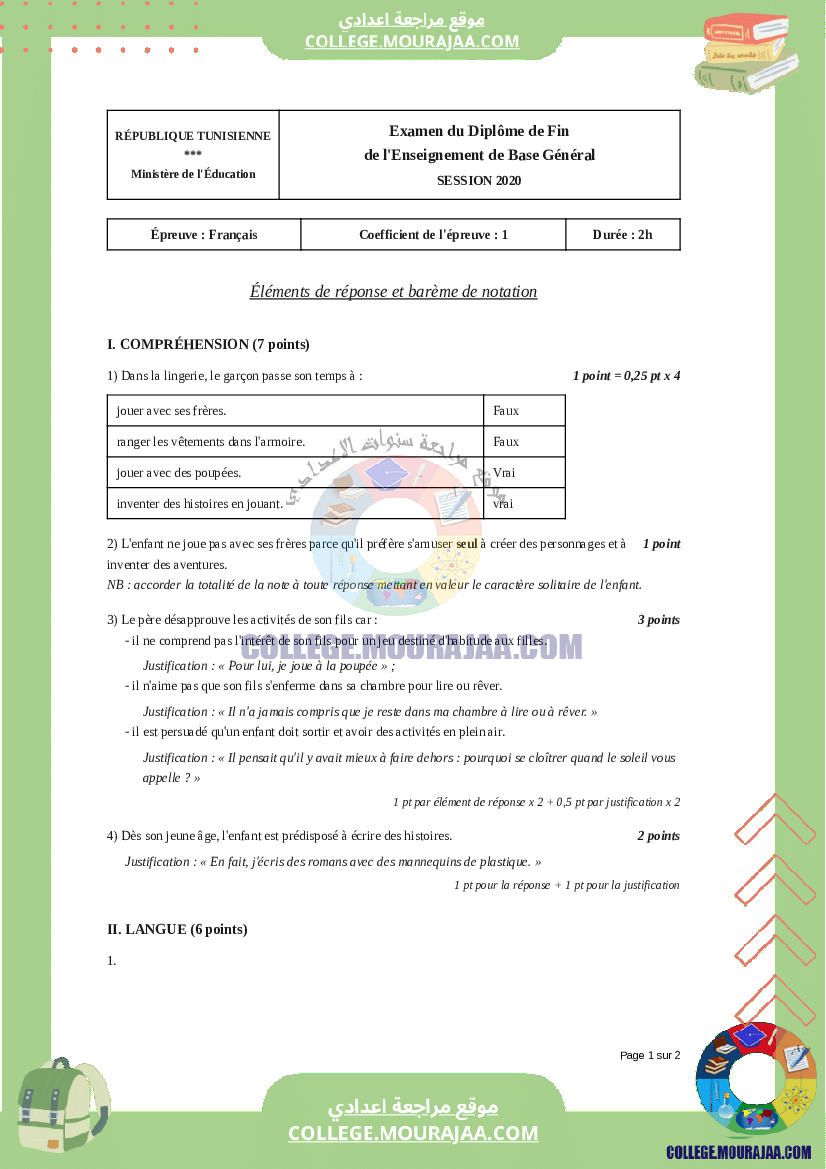 اصلاح اختبار الفرنسية مناظرة النوفيام سنة 2020